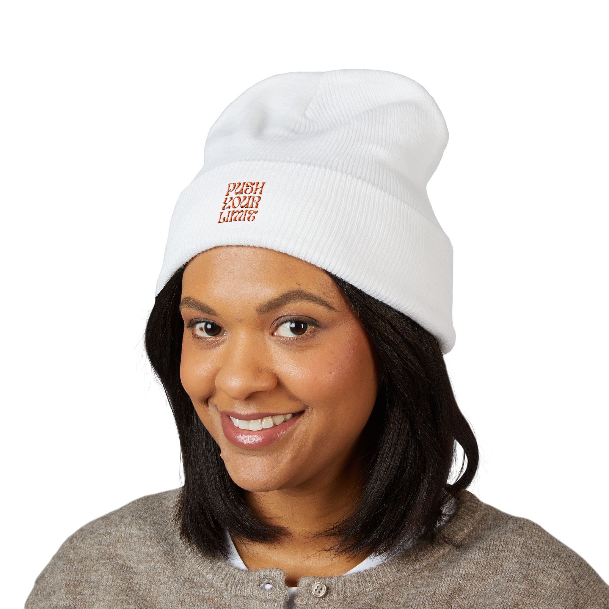Embroidered "Push Your Limits" Cuffed Beanie — Cozy Athletic Knit Hat