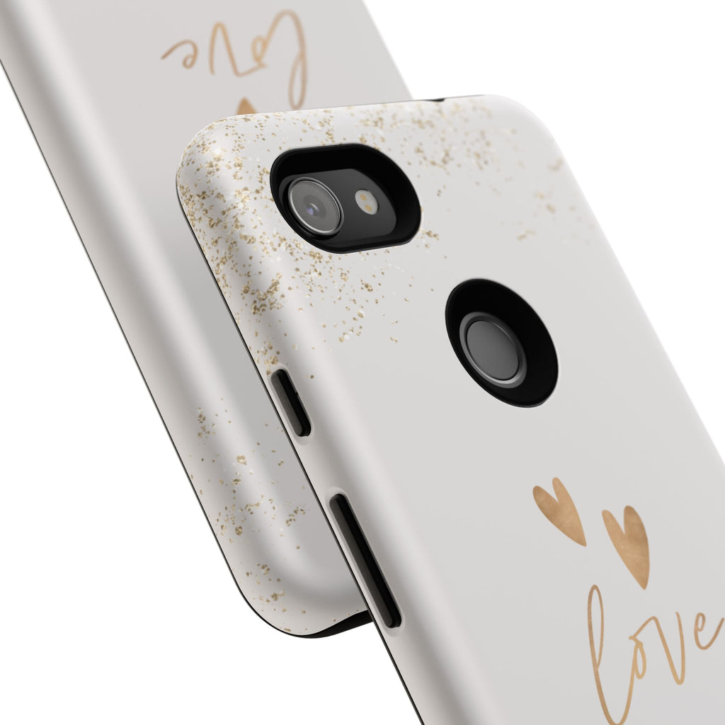 Love Hearts Tough Phone Case — Gold Script Romantic Protective Cover