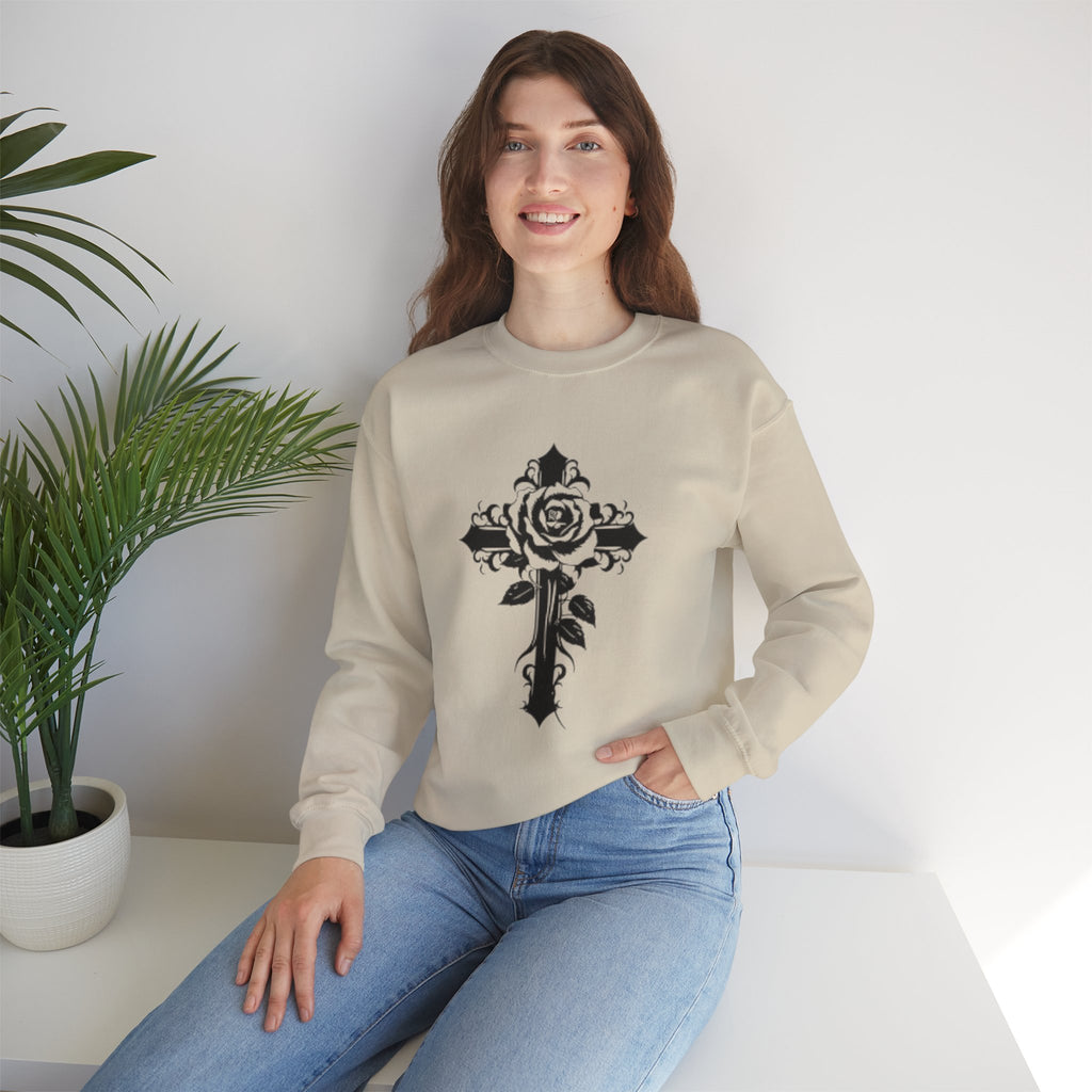 Floral Cross Crewneck Sweatshirt — Rose Cross Graphic Pullover