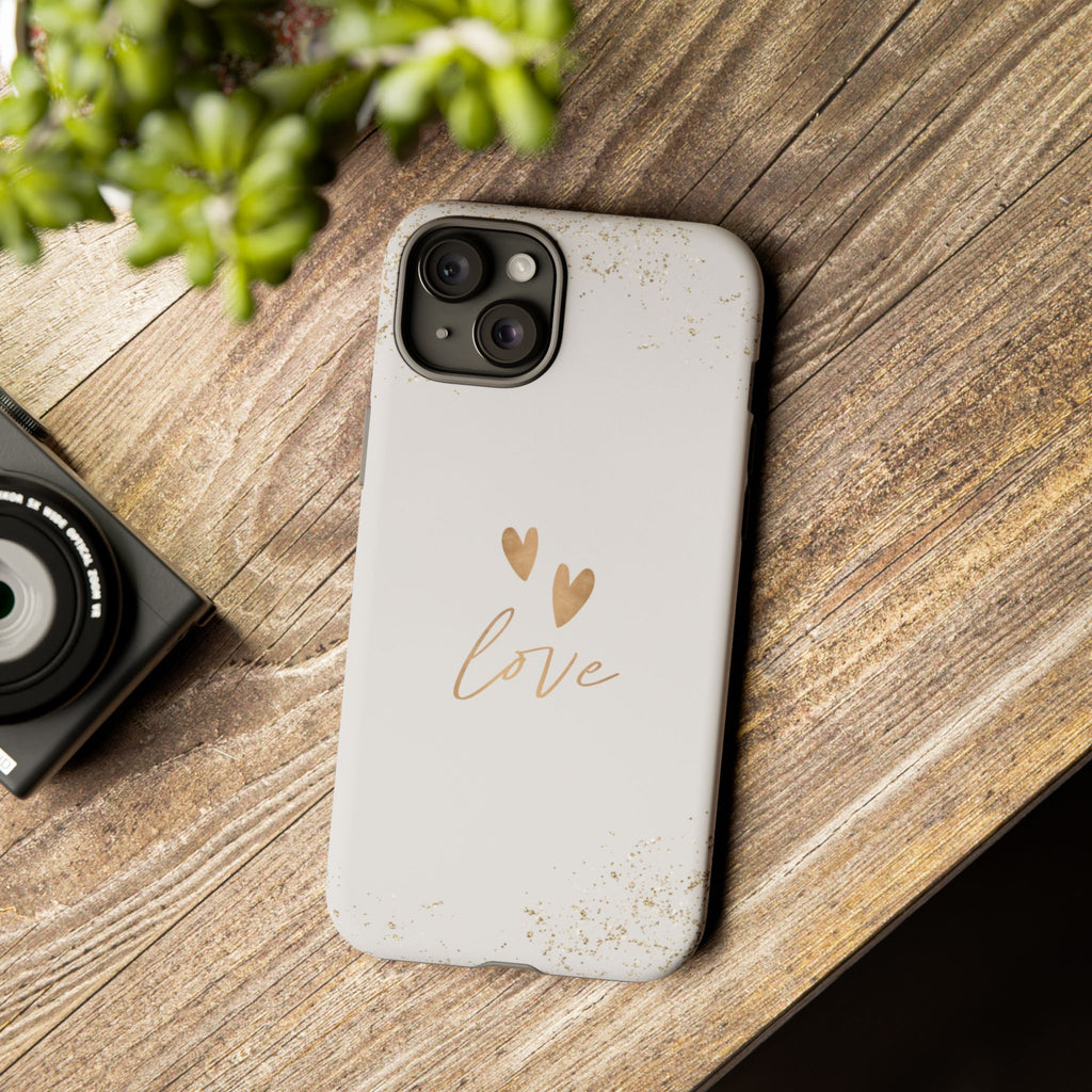 Love Hearts Tough Phone Case — Gold Script Romantic Protective Cover