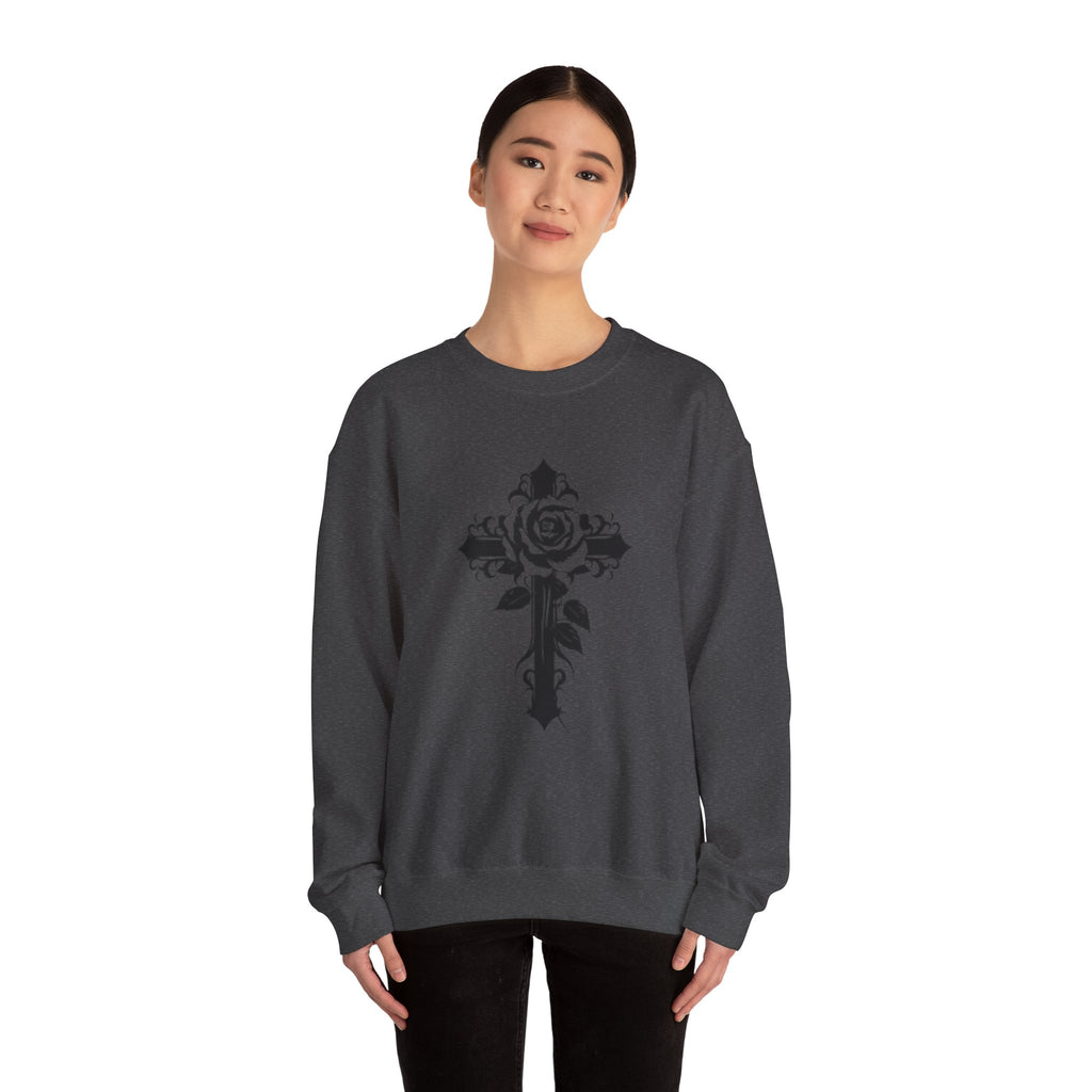 Floral Cross Crewneck Sweatshirt — Rose Cross Graphic Pullover