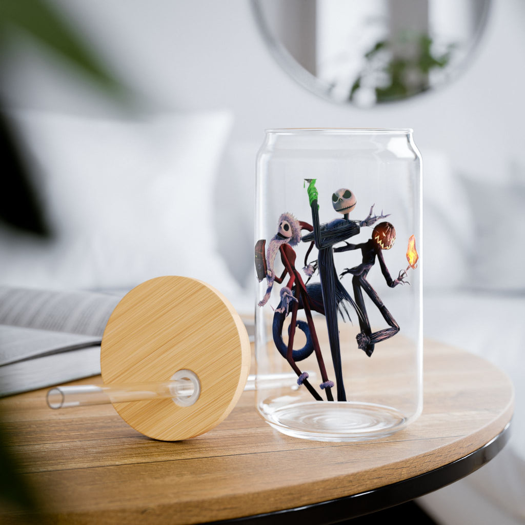 16oz Glass Sipper with Spooky Skeleton Band Design