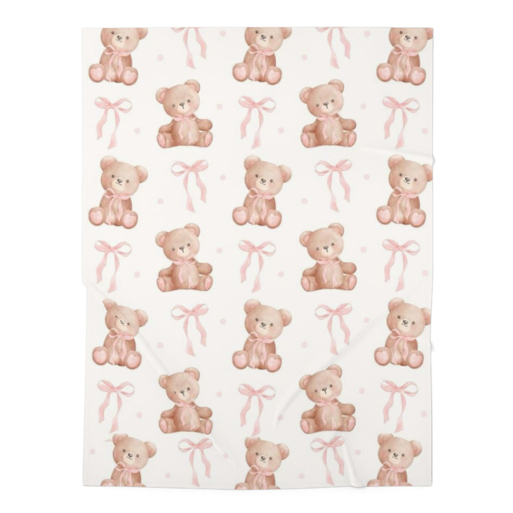 Teddy Bear Baby Swaddle Blanket — Pink Bow Newborn Nursery Gift