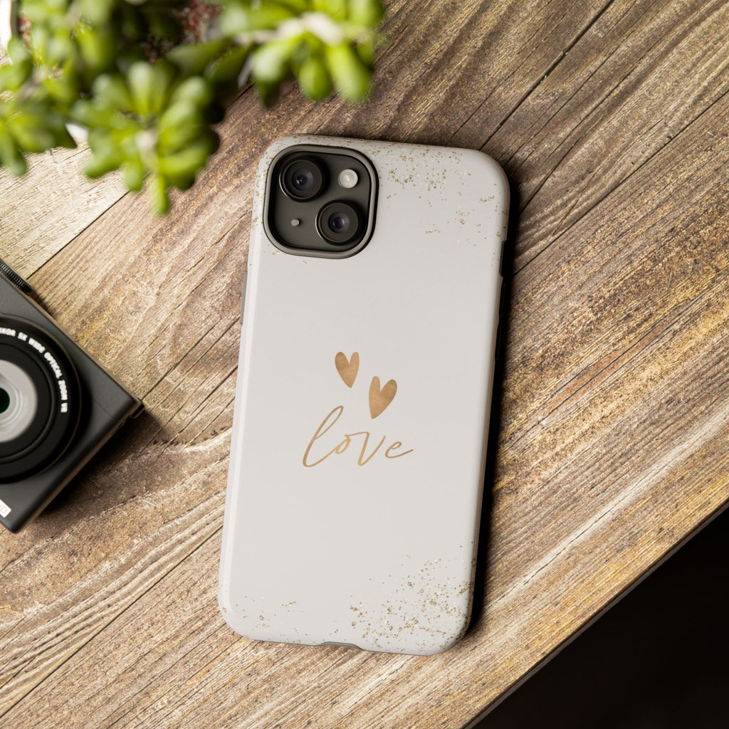 Love Hearts Tough Phone Case — Gold Script Romantic Protective Cover
