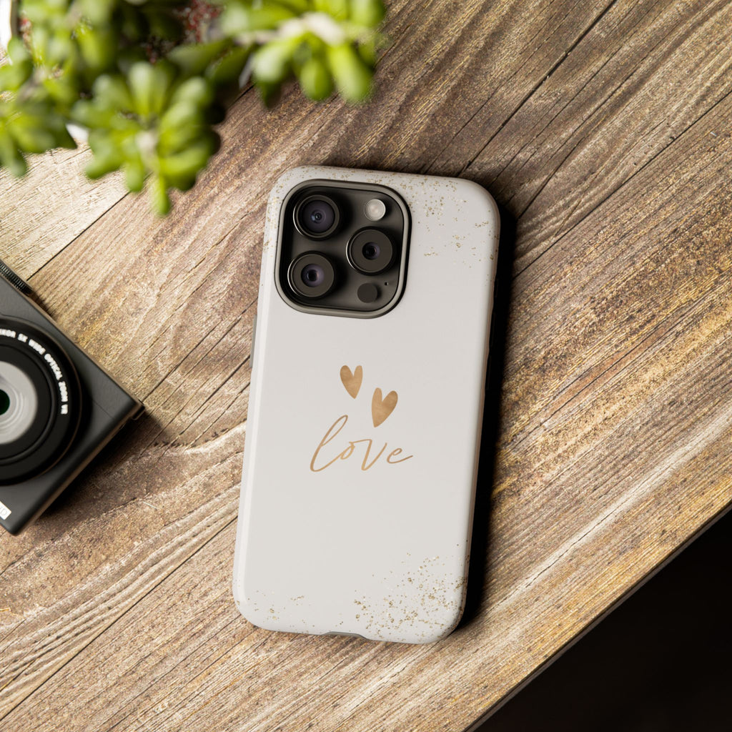 Love Hearts Tough Phone Case — Gold Script Romantic Protective Cover