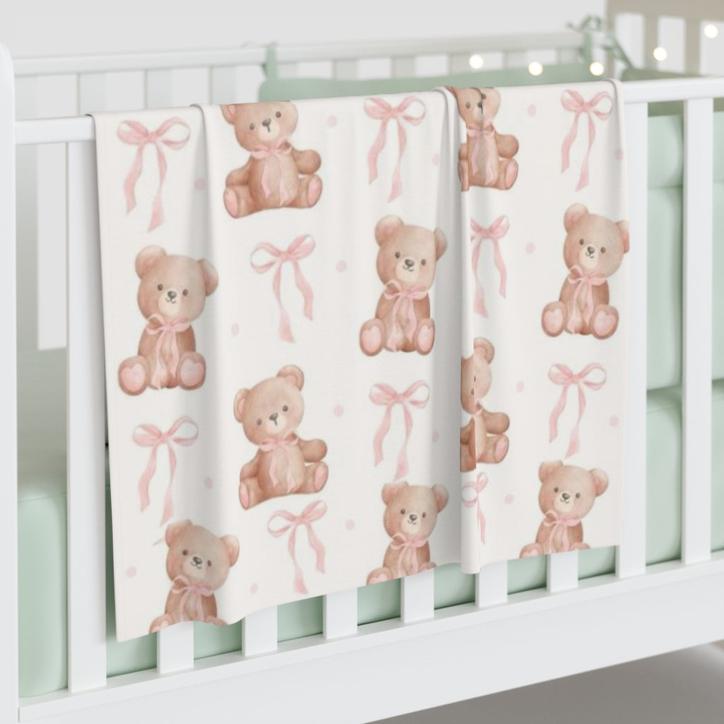 Teddy Bear Baby Swaddle Blanket — Pink Bow Newborn Nursery Gift