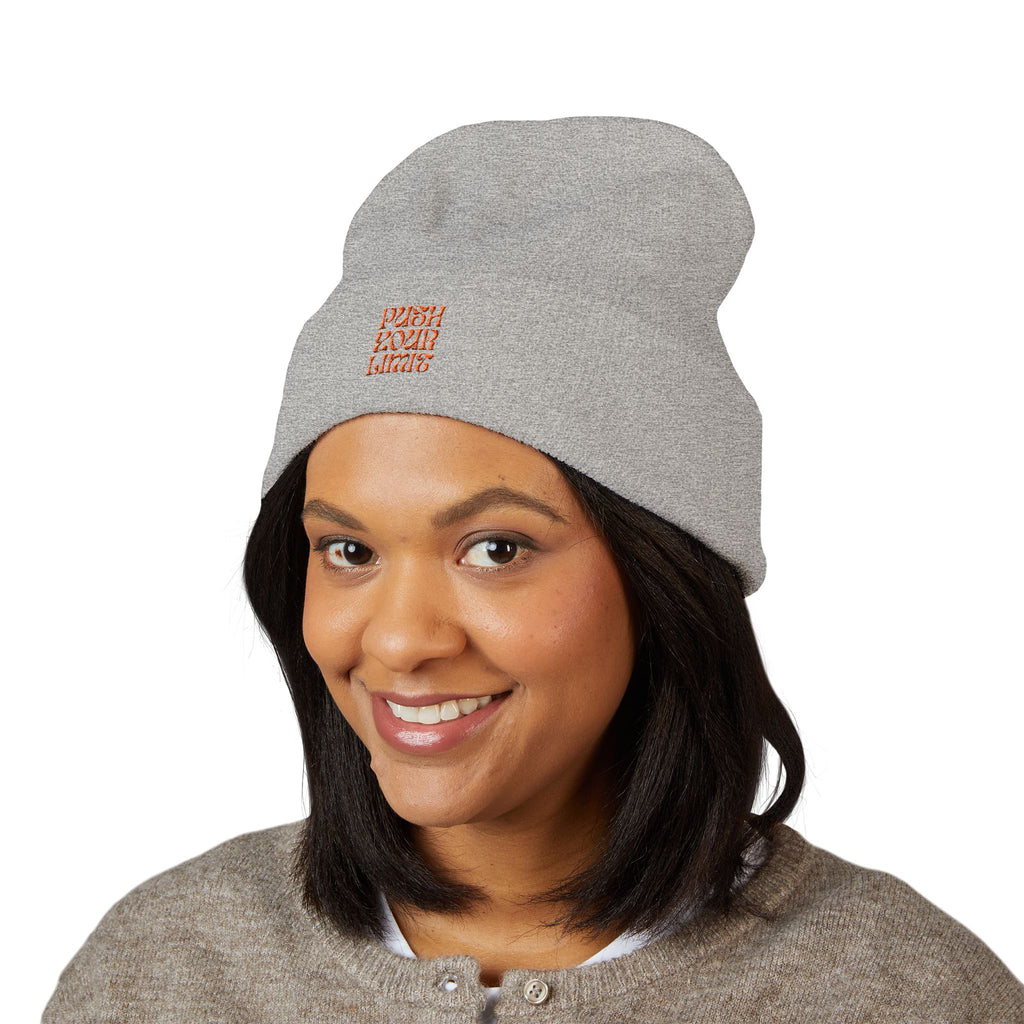 Embroidered "Push Your Limits" Cuffed Beanie — Cozy Athletic Knit Hat