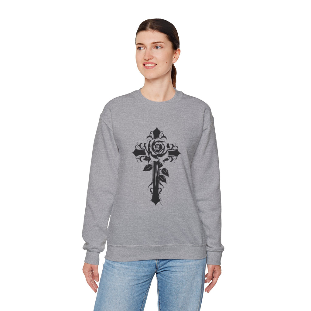 Floral Cross Crewneck Sweatshirt — Rose Cross Graphic Pullover