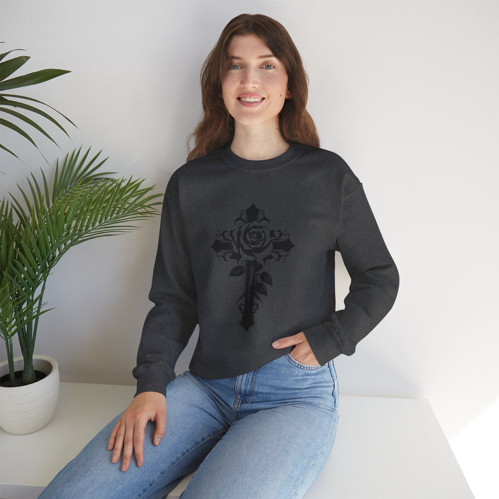Floral Cross Crewneck Sweatshirt — Rose Cross Graphic Pullover