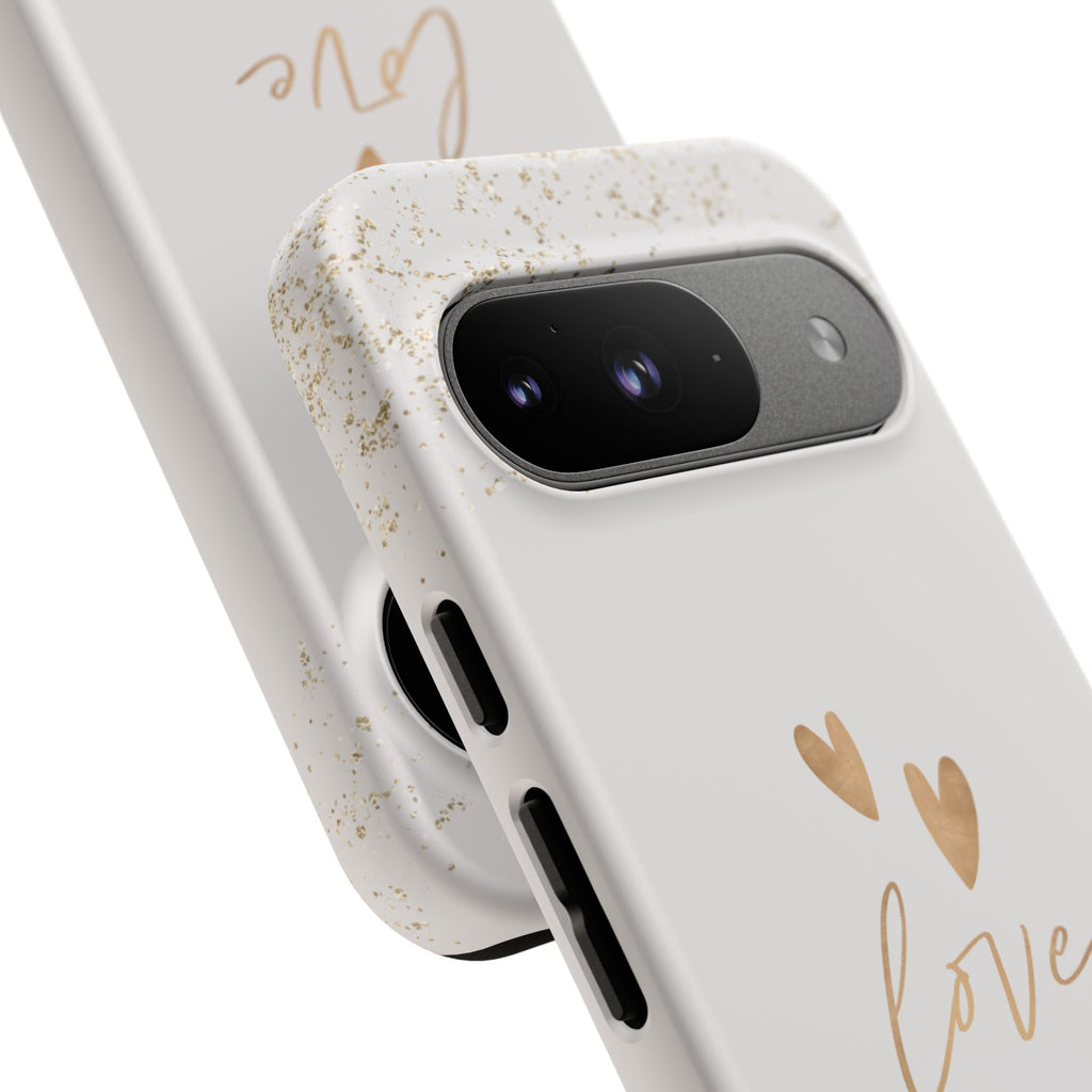 Love Hearts Tough Phone Case — Gold Script Romantic Protective Cover