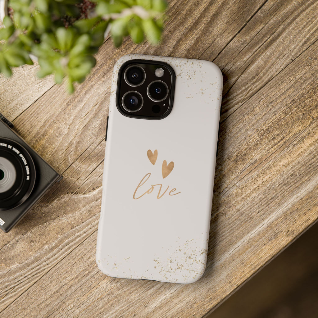 Love Hearts Tough Phone Case — Gold Script Romantic Protective Cover
