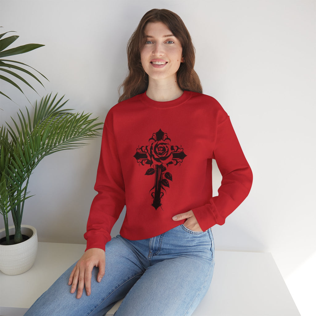 Floral Cross Crewneck Sweatshirt — Rose Cross Graphic Pullover