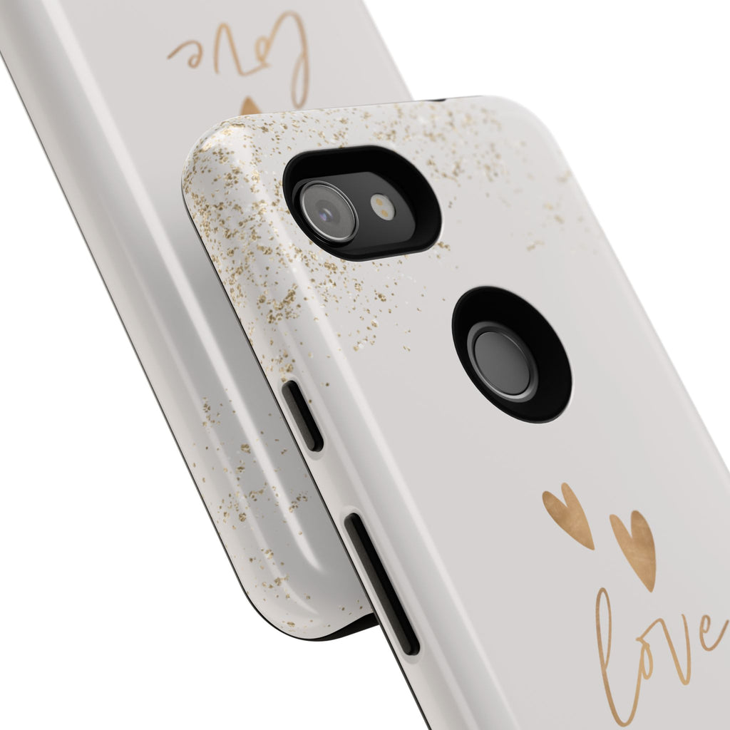 Love Hearts Tough Phone Case — Gold Script Romantic Protective Cover