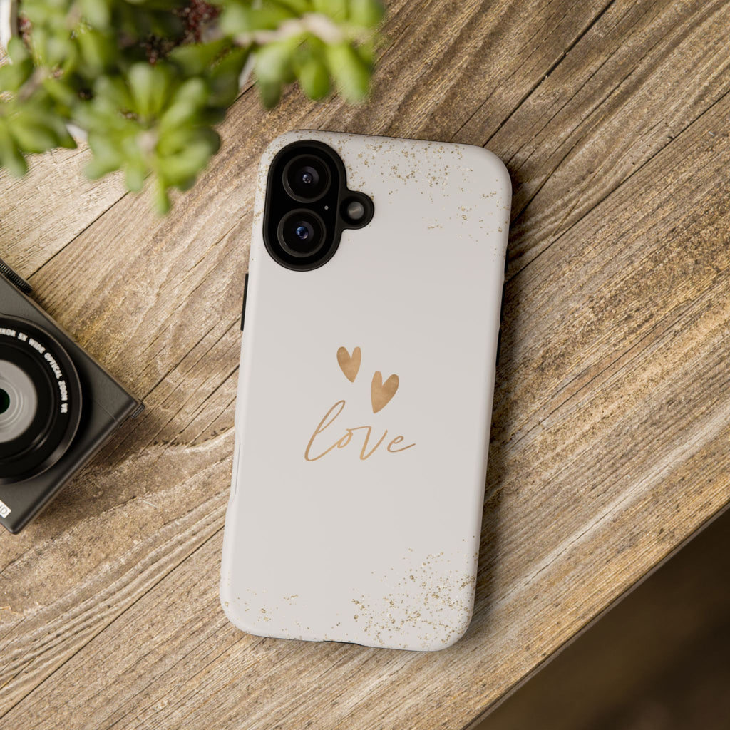 Love Hearts Tough Phone Case — Gold Script Romantic Protective Cover