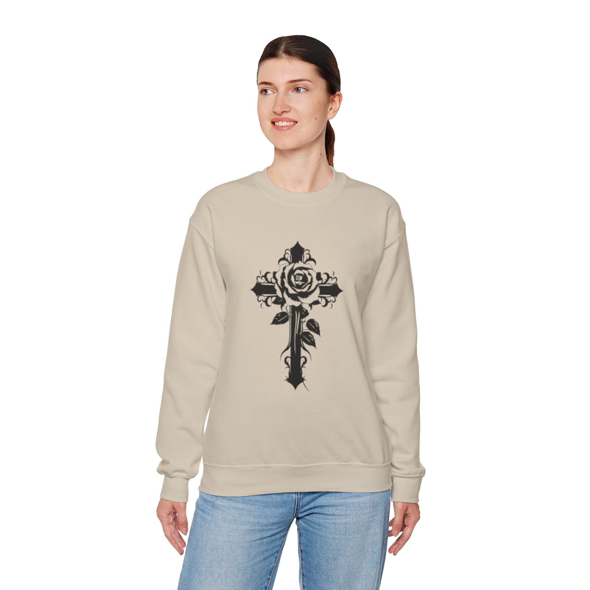 Floral Cross Crewneck Sweatshirt — Rose Cross Graphic Pullover