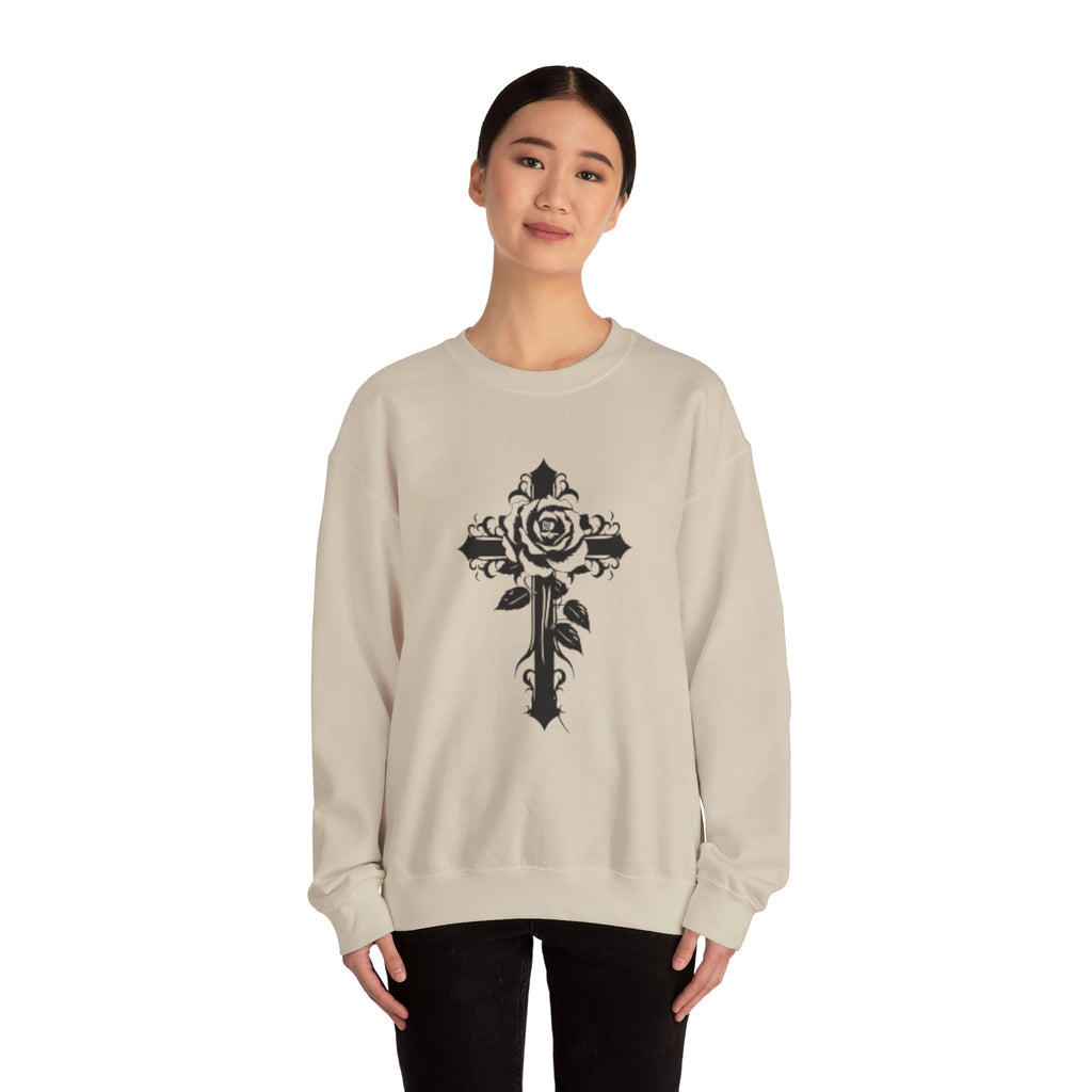Floral Cross Crewneck Sweatshirt — Rose Cross Graphic Pullover