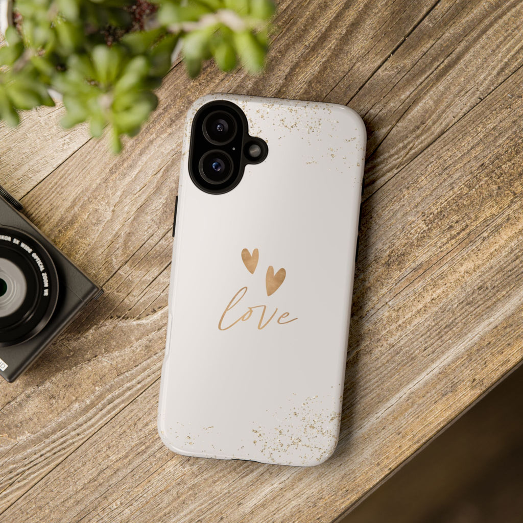 Love Hearts Tough Phone Case — Gold Script Romantic Protective Cover
