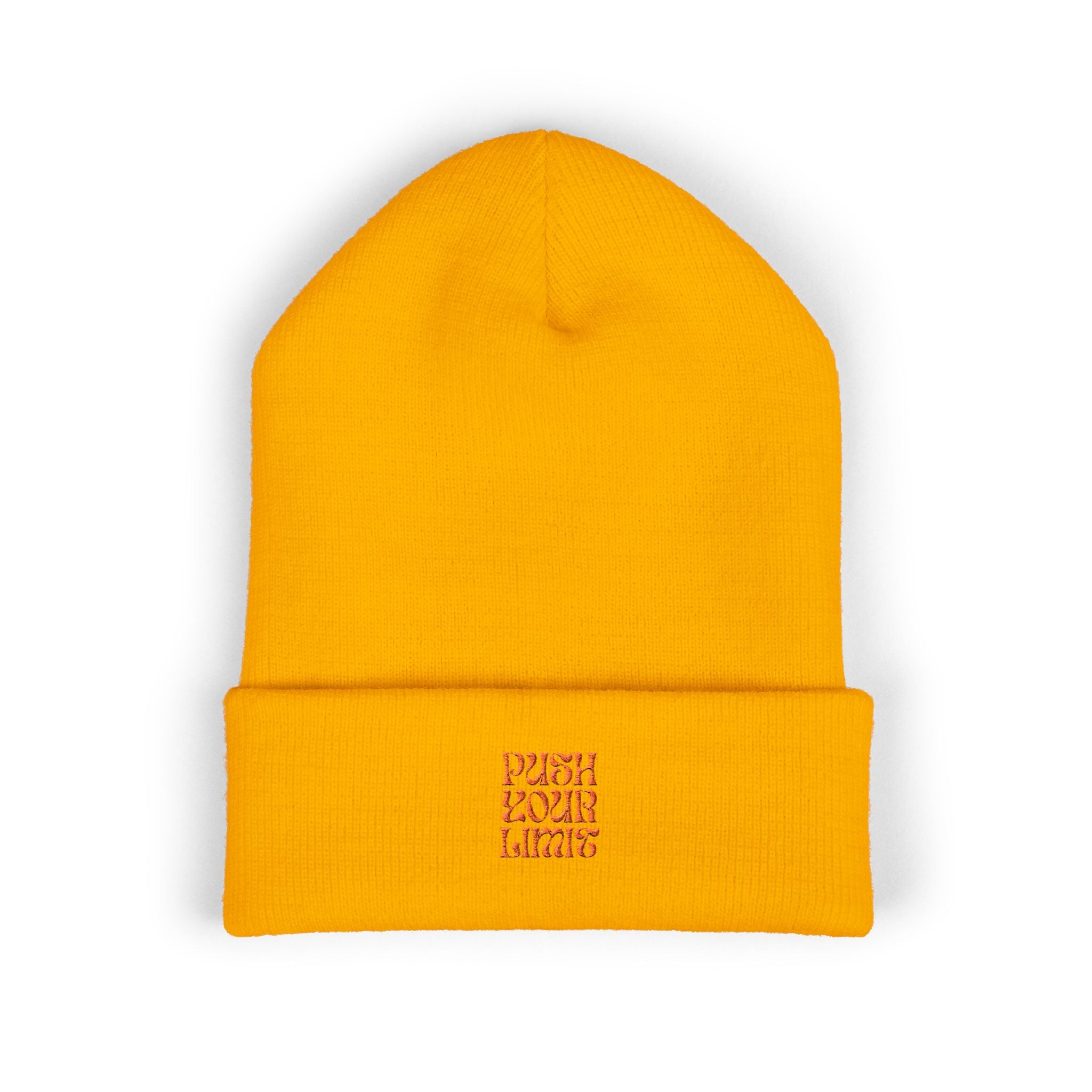 Embroidered "Push Your Limits" Cuffed Beanie — Cozy Athletic Knit Hat