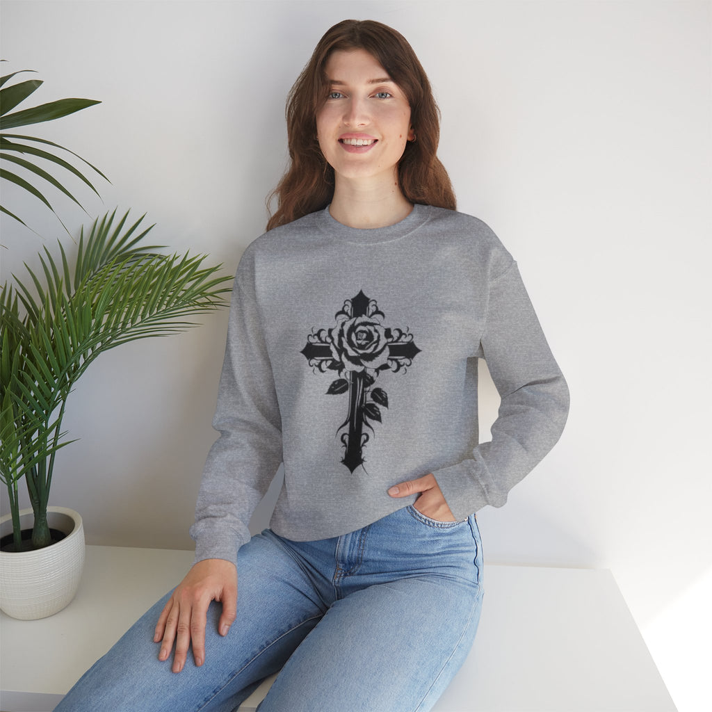 Floral Cross Crewneck Sweatshirt — Rose Cross Graphic Pullover