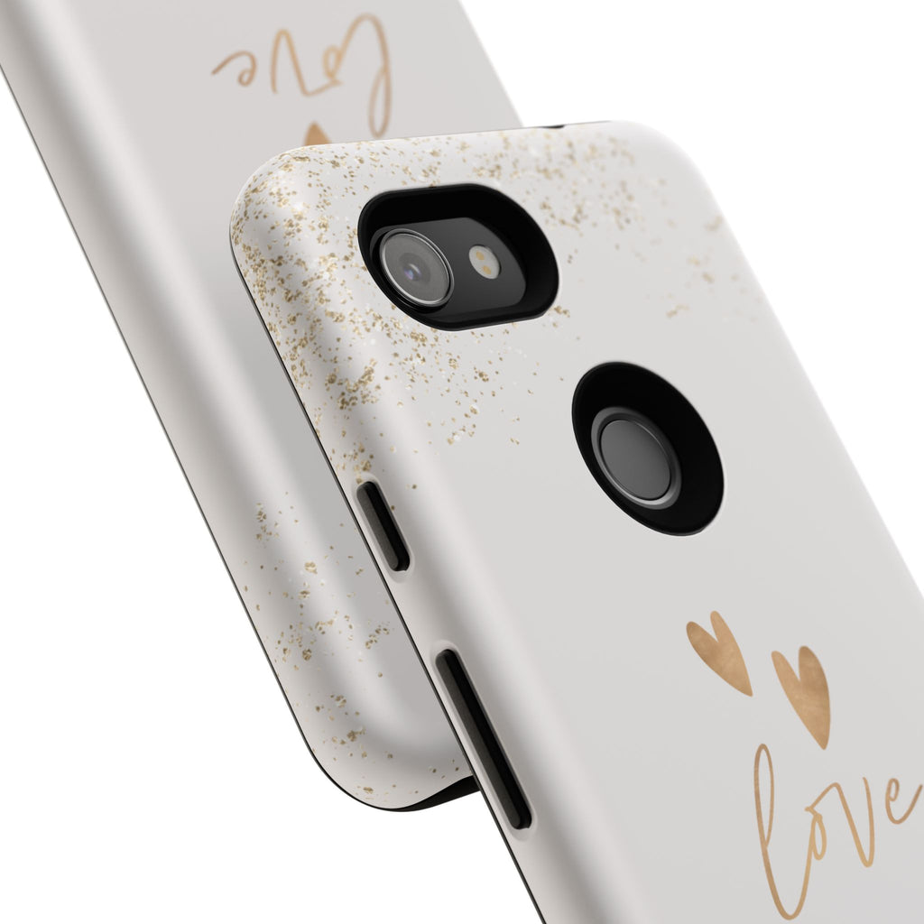 Love Hearts Tough Phone Case — Gold Script Romantic Protective Cover