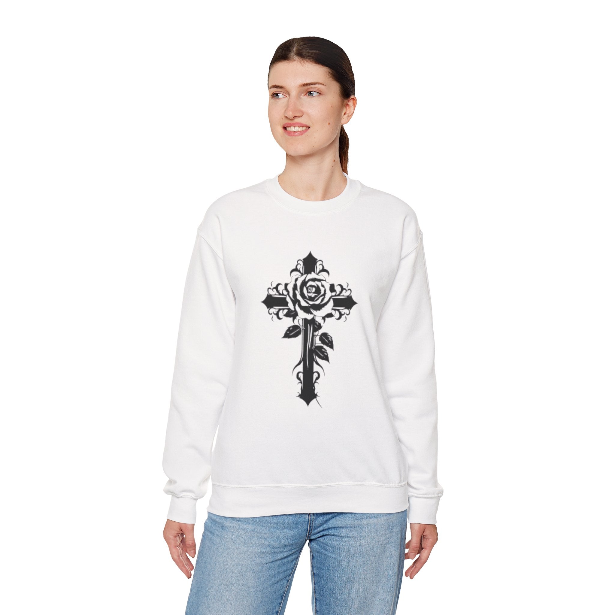 Floral Cross Crewneck Sweatshirt — Rose Cross Graphic Pullover