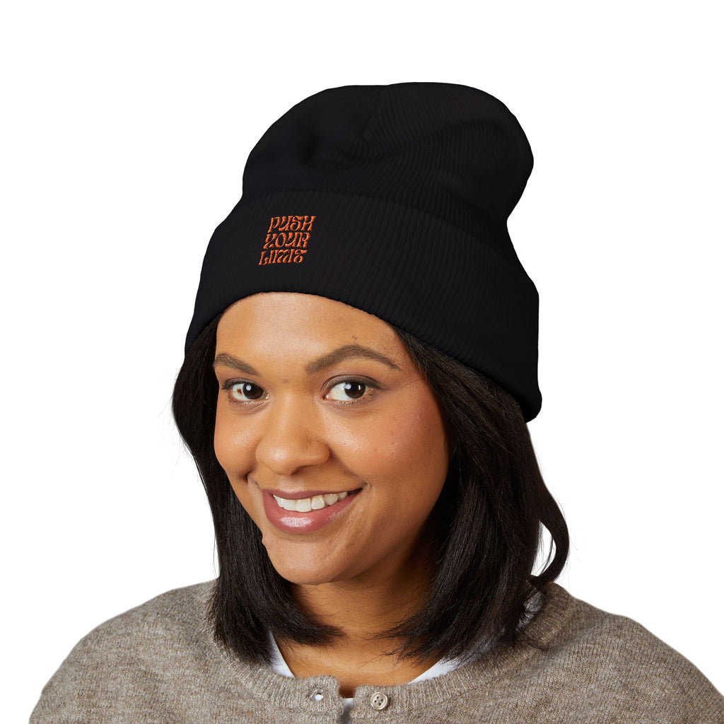 Embroidered "Push Your Limits" Cuffed Beanie — Cozy Athletic Knit Hat