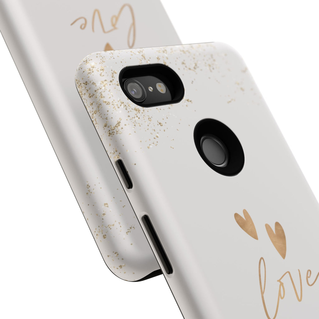 Love Hearts Tough Phone Case — Gold Script Romantic Protective Cover