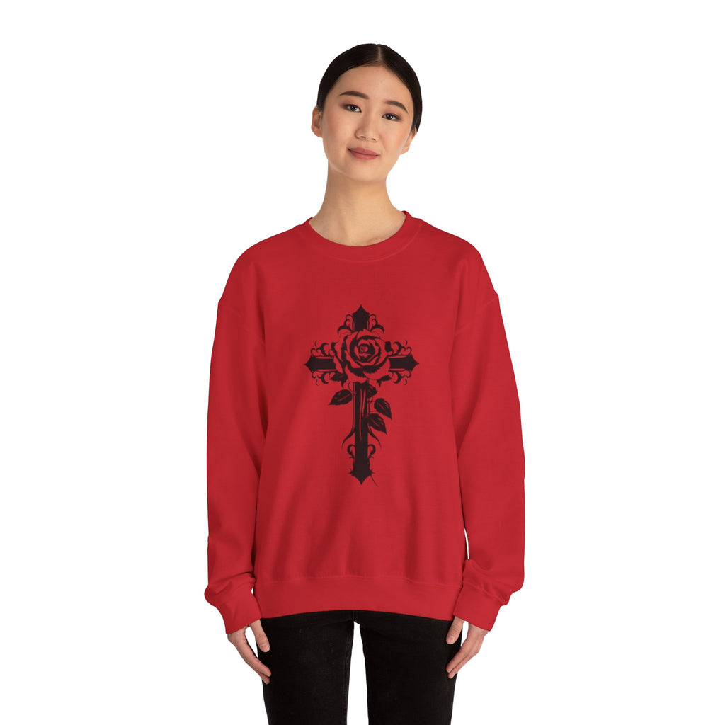 Floral Cross Crewneck Sweatshirt — Rose Cross Graphic Pullover