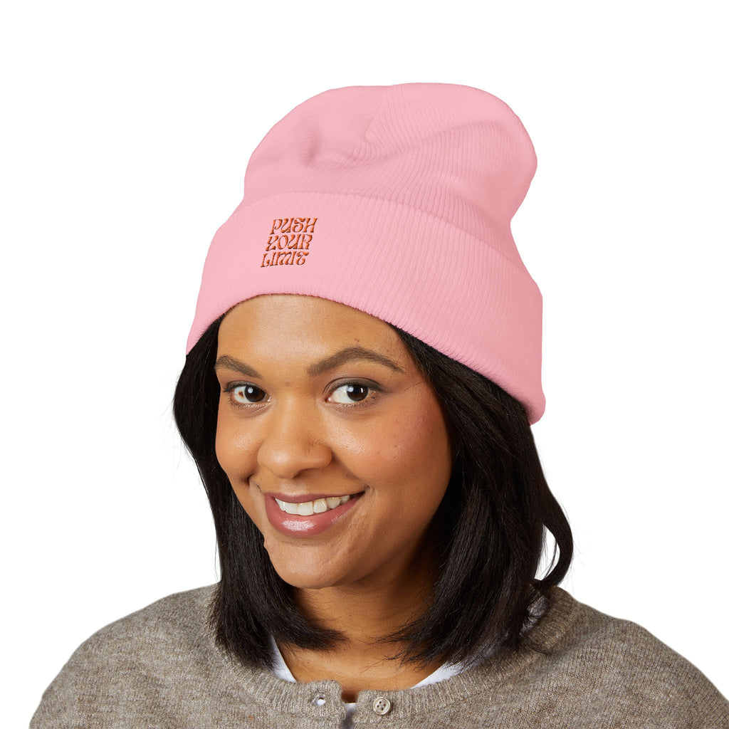 Embroidered "Push Your Limits" Cuffed Beanie — Cozy Athletic Knit Hat