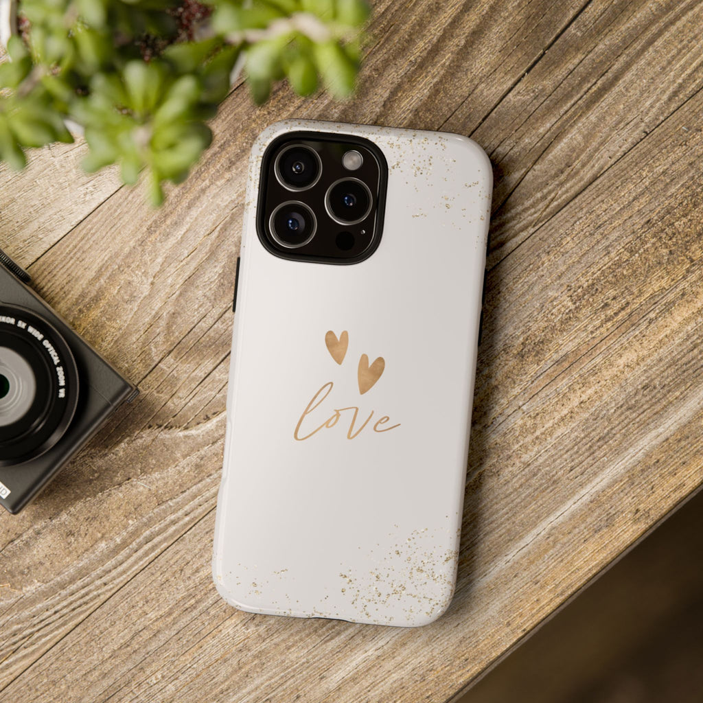 Love Hearts Tough Phone Case — Gold Script Romantic Protective Cover