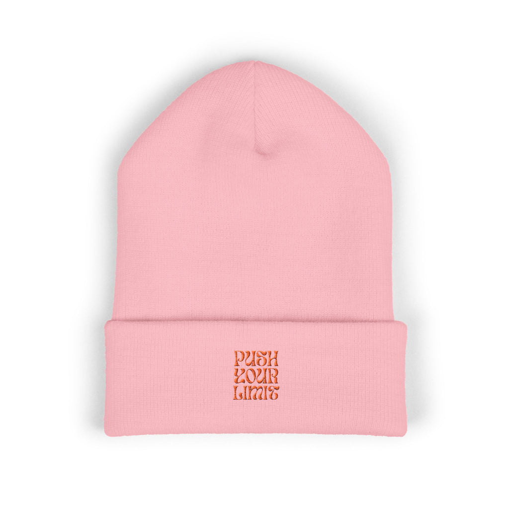 Embroidered "Push Your Limits" Cuffed Beanie — Cozy Athletic Knit Hat