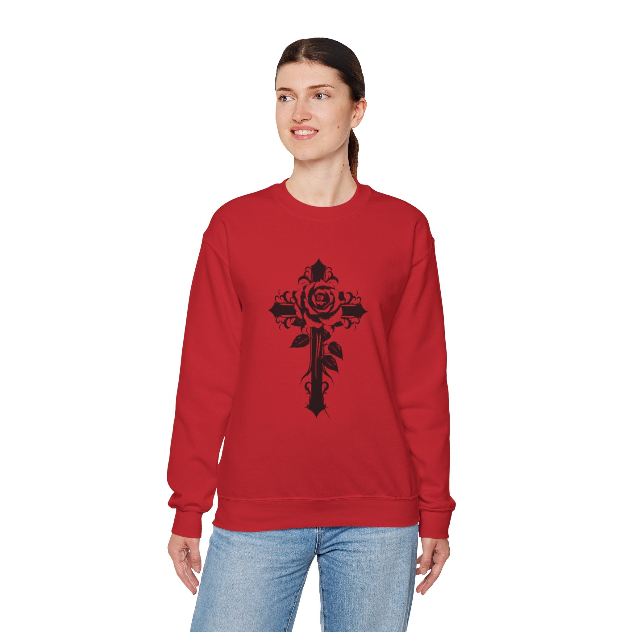 Floral Cross Crewneck Sweatshirt — Rose Cross Graphic Pullover