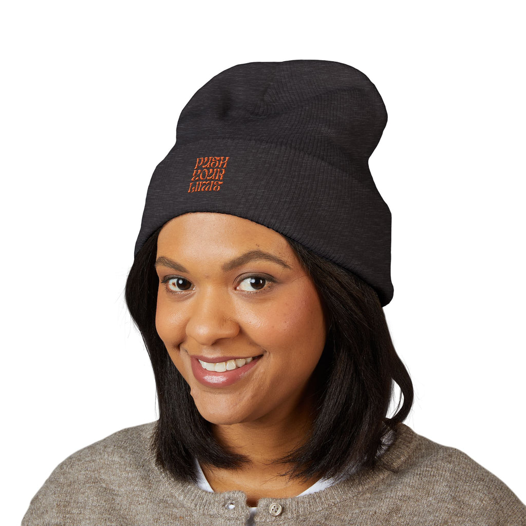 Embroidered "Push Your Limits" Cuffed Beanie — Cozy Athletic Knit Hat