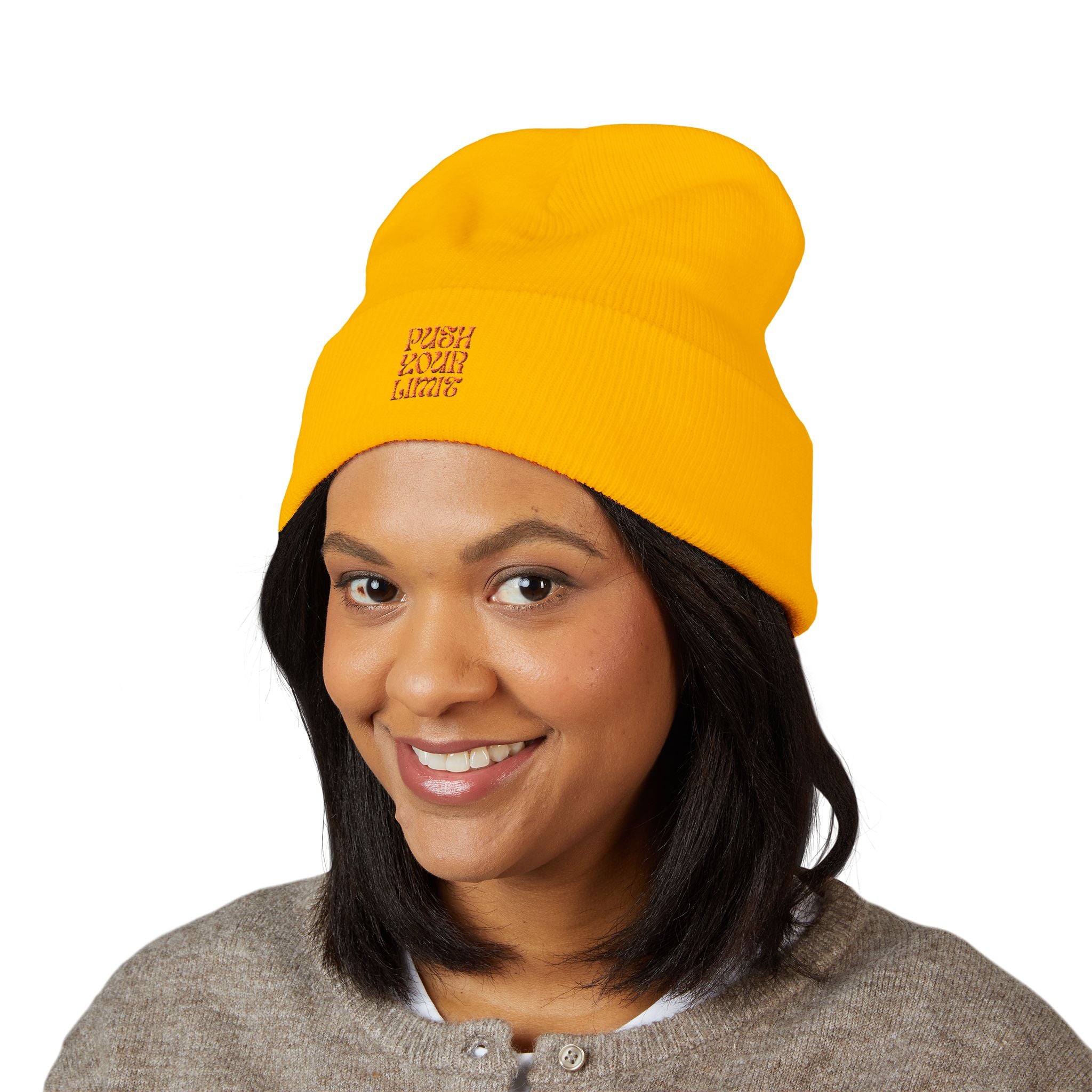Embroidered "Push Your Limits" Cuffed Beanie — Cozy Athletic Knit Hat