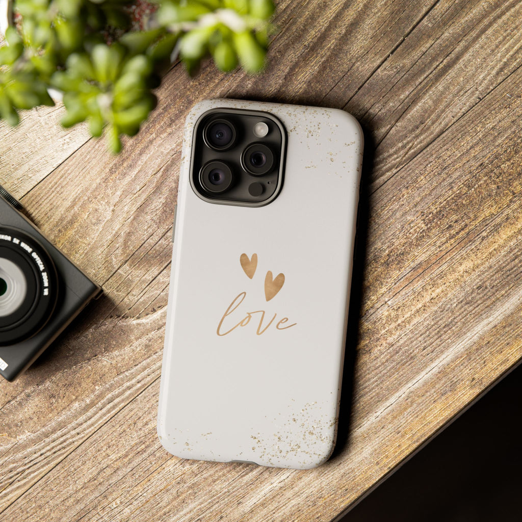 Love Hearts Tough Phone Case — Gold Script Romantic Protective Cover