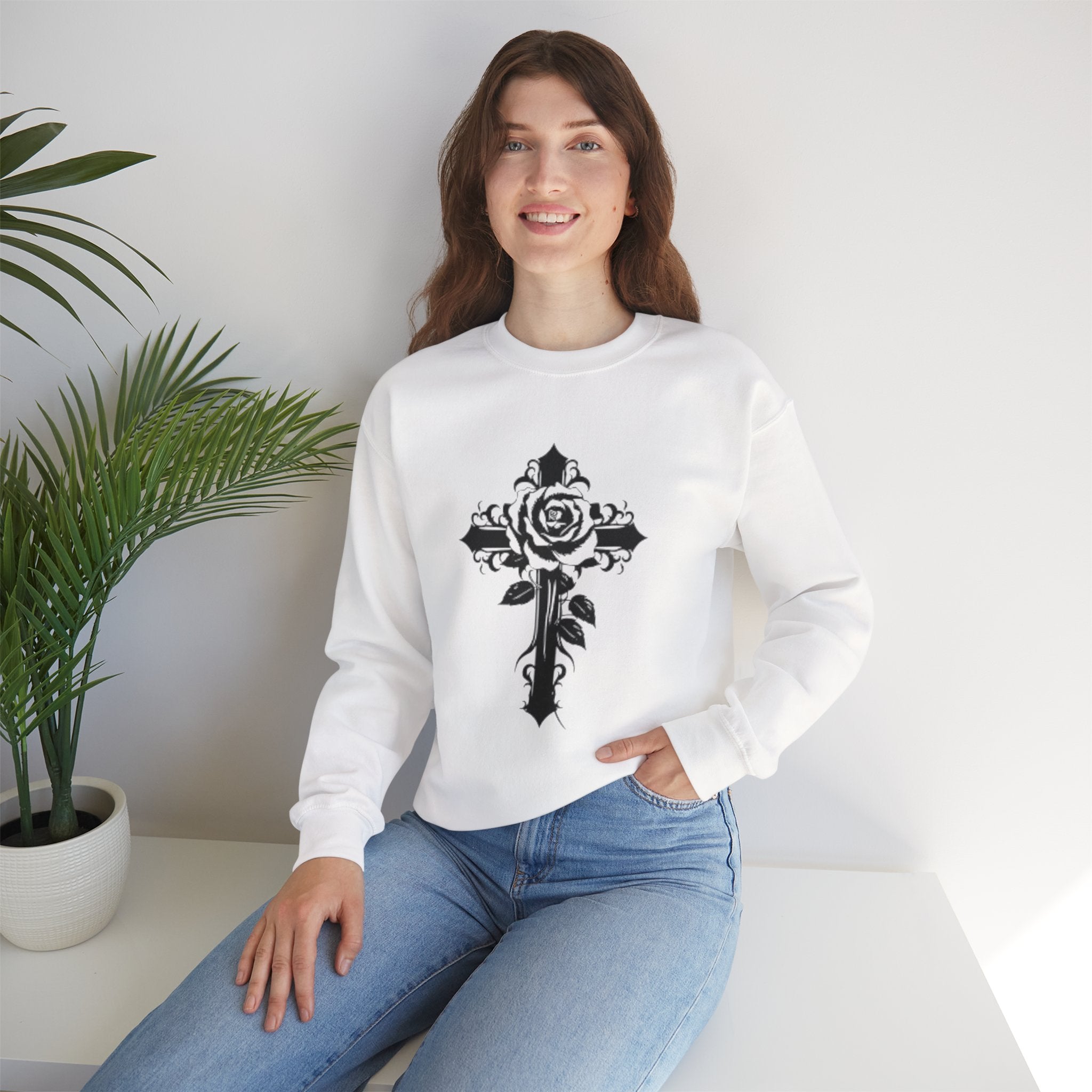 Floral Cross Crewneck Sweatshirt — Rose Cross Graphic Pullover