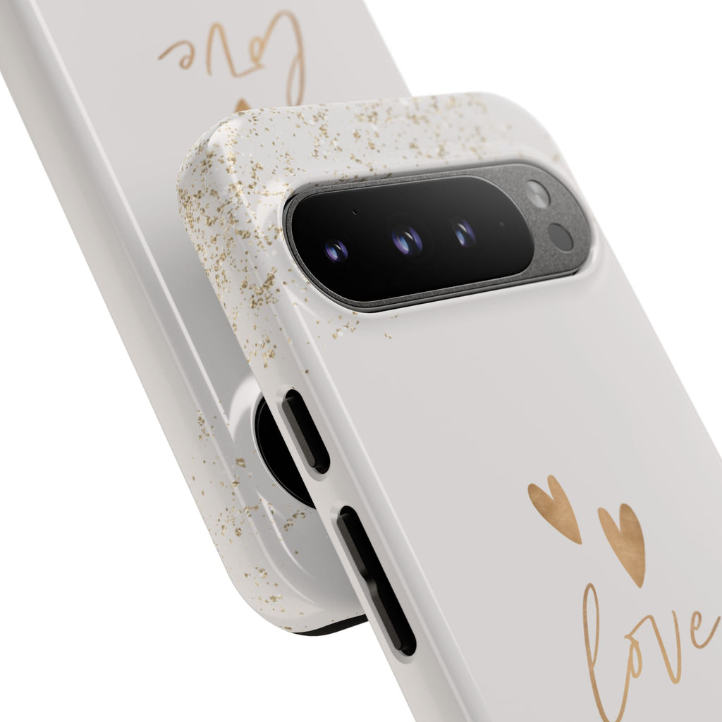 Love Hearts Tough Phone Case — Gold Script Romantic Protective Cover