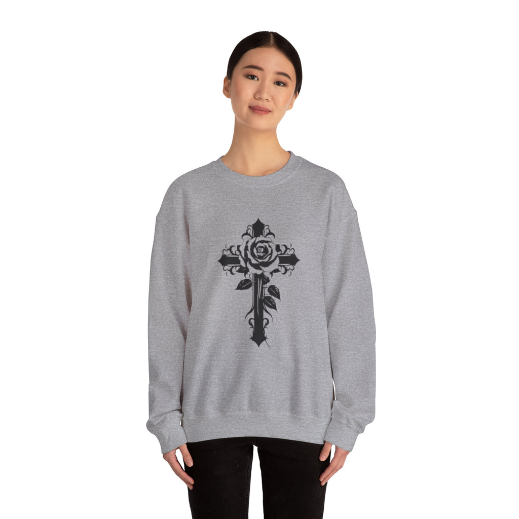 Floral Cross Crewneck Sweatshirt — Rose Cross Graphic Pullover