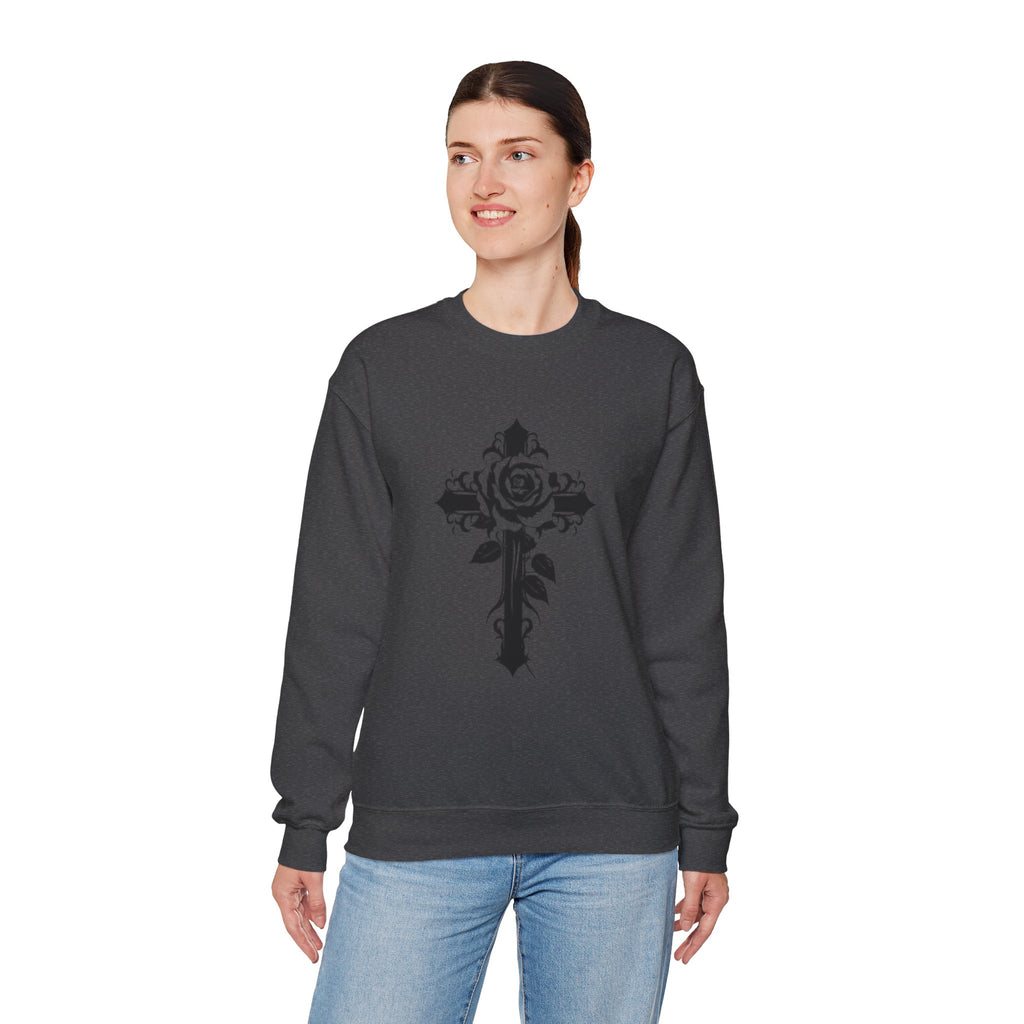 Floral Cross Crewneck Sweatshirt — Rose Cross Graphic Pullover