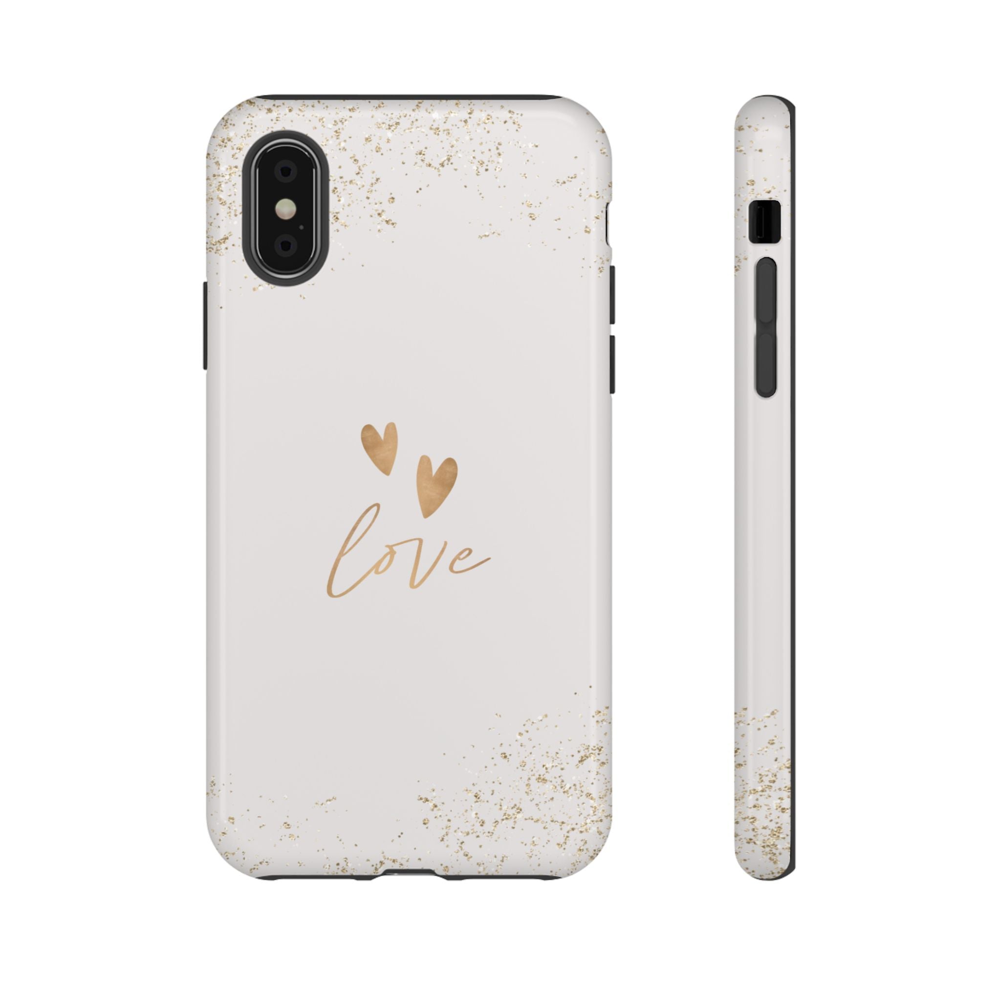 Love Hearts Tough Phone Case — Gold Script Romantic Protective Cover