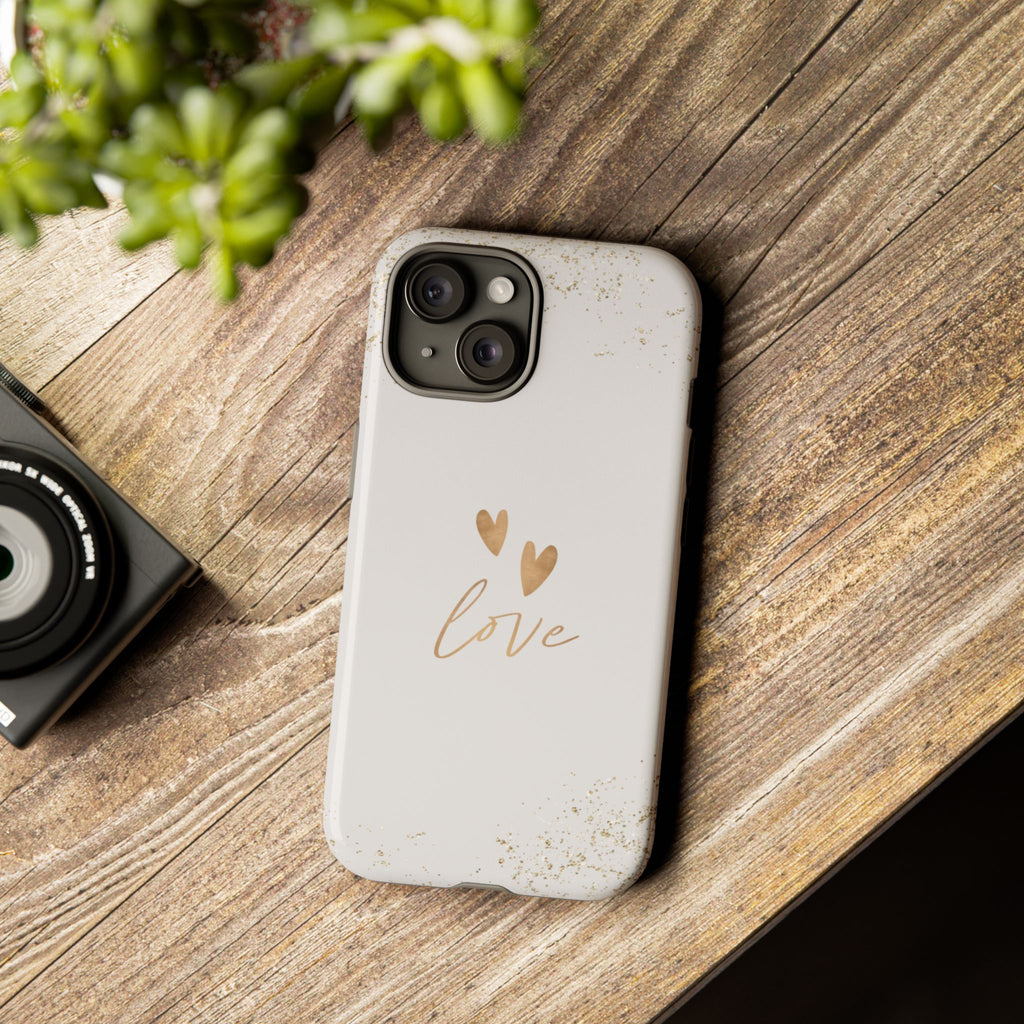 Love Hearts Tough Phone Case — Gold Script Romantic Protective Cover